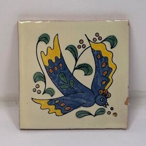 Hand Painted Ceramic Art Tile Blue Bird Yellow Wings Folk Art Decor 4x4